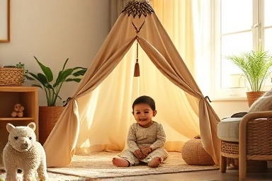 Toddler playing safely in a cozy Indian tent