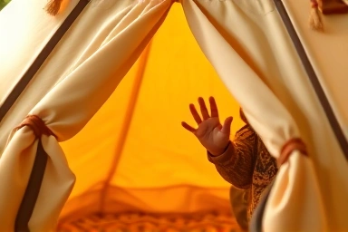 Detail of safe construction and soft fabric of a baby tent