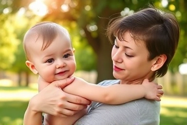 Mother applying bug repellent lotion to baby outdoors