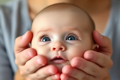 Baby's head supported by parent's hands, curious gaze