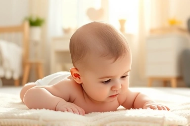 Baby doing tummy time, lifting head on soft mat