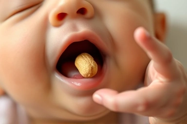 Symbolic image of baby airway risk from peanut.