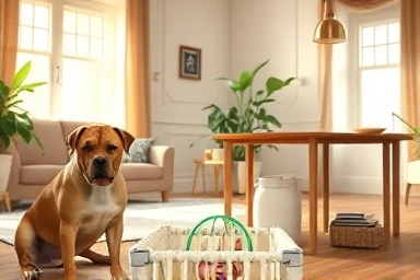 Harmonious coexistence of baby and pet in a safe home environment.