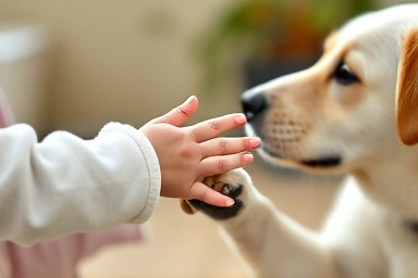 Gentle interaction developing between a baby and a dog.