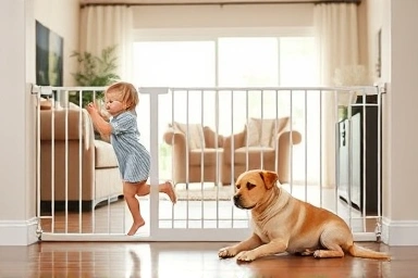 Safe living space for baby and pet with a modern safety gate.