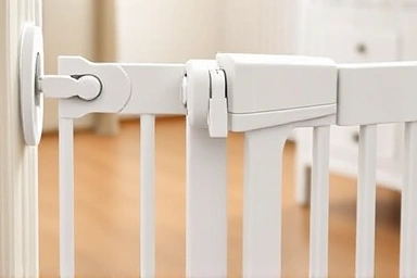 Close-up of a secure, child and pet-safe gate with advanced locking.