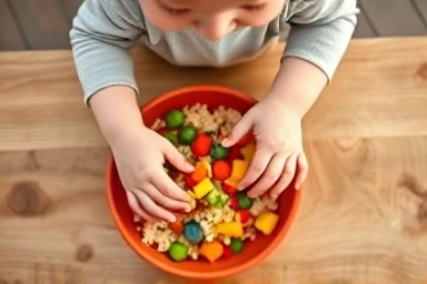 Toddler joyfully making homemade rice balls with colorful ingredients.