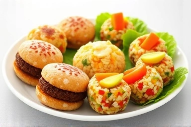 Nutritious and appealing baby meals: rice burgers and vegetable rice balls.