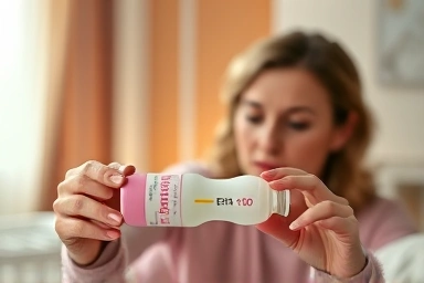 Mother checking baby product expiration date with concern