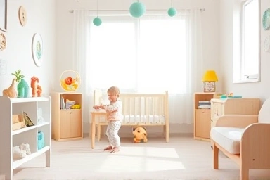 Toddler reaching for toys at eye level in a safe nursery.