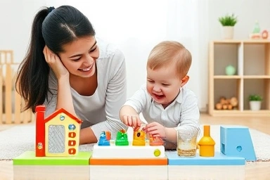 Parent and child engaging with child-height educational toys.