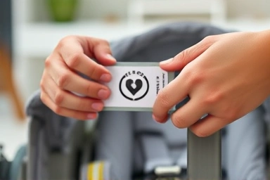 Parent checking safety certification on baby product.