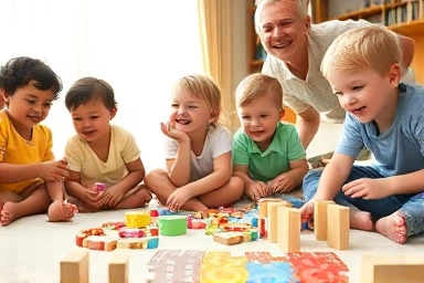 Children playing with educational puzzles, learning and development