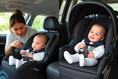 Parent and baby in car seat vs. happy baby on stroller cooling mat