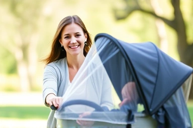 Mother pushing stroller with clear, breathable wind cover