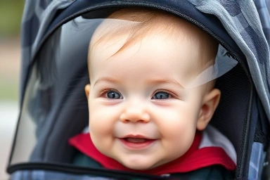 Baby's happy face seen through clear stroller wind cover window