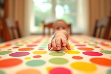 Baby's hand reaching for tablecloth, potential hazard