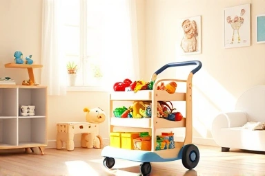 Mobile toy trolley organizing baby toys in a bright nursery.