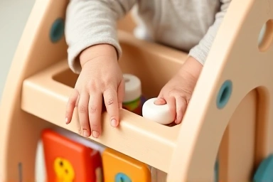 Child's hand selecting toy from an accessible toy trolley.