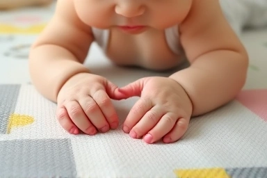 Baby's hands exploring textured play mat during tummy time
