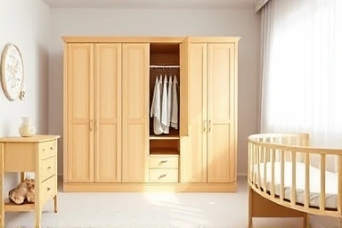 Organized baby wardrobe in a peaceful nursery.