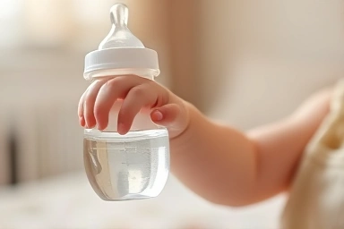 Baby's hand reaching for water in bottle, gentle care