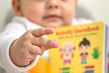Baby's hand exploring a colorful soundbook for development.