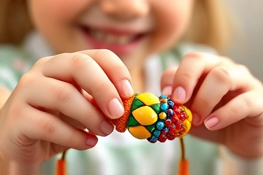 Child's hands crafting a colorful bead bracelet, focusing on creativity.
