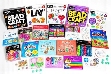 Variety of colorful bead craft DIY kits for creative projects.