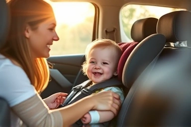 Parent and child smiling in a car seat.