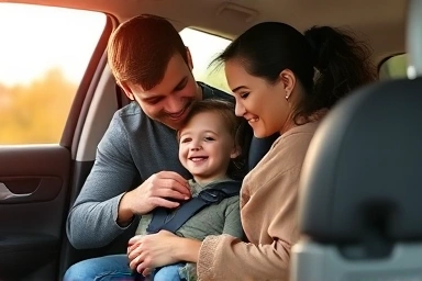 Parent securing child in car seat for safety