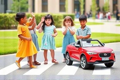 Children learning crosswalk safety through playful role-playing.