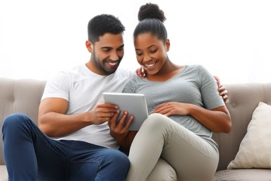 Couple preparing for childbirth with shared excitement and support.