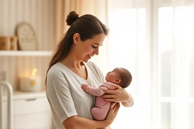 Serene nursery with mother and baby, symbolizing support and hope.
