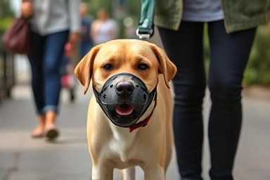 Responsible dog owner with leash and muzzle