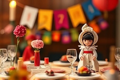 Close-up of traditional Korean baby's first birthday table details.