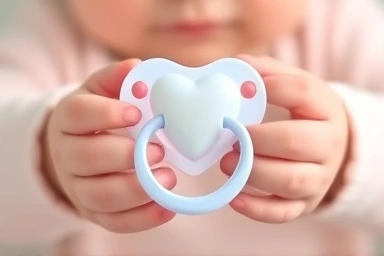 Baby's hands holding a new Double Heart pacifier.