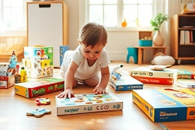 Child exploring educational board games, symbolizing learning and potential.