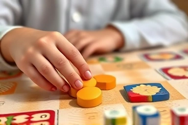 Child's hands engaging with educational board game pieces, focusing on strategy.