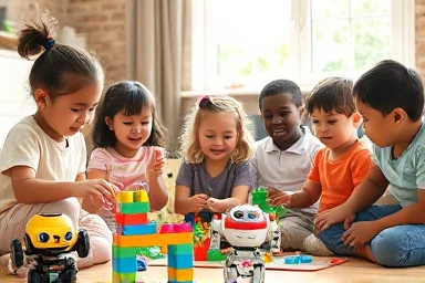Children learning and playing with diverse educational toys.