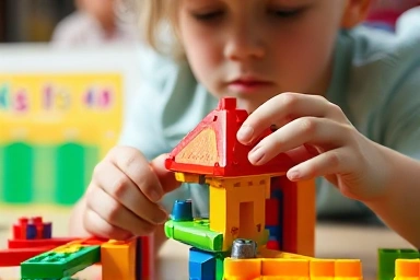 Child's hands building with educational blocks, symbolizing growth.