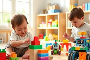 Children joyfully learning with diverse educational toys in a bright playroom.
