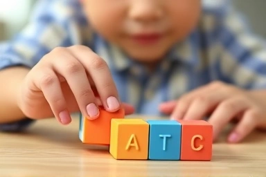 Child's hands interacting with a coding toy, symbolizing learning and problem-solving.