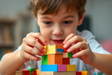 Child building with educational blocks, symbolizing creativity