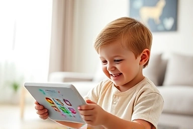 Child learning on a tablet in a cozy living room.