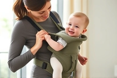 Parent and baby in a comfortable hipseat baby carrier