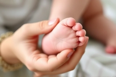 Parent's hand holding baby's foot, symbolizing care