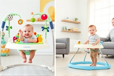 Baby in jumperoo and walker, comparing development impact.