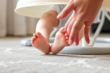 Baby's feet in jumperoo, emphasizing safe use and support.
