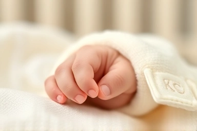 Baby's hand touching KC certified blanket in a nursery